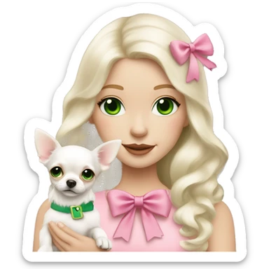 pale blond girl with wavy long platinum white hair with bright green eyes holding a white chihuahua that wearing a pink bow sticker