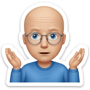 bald man with blue eyes and eye glasses shrugging sticker