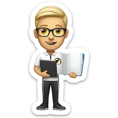 white young soccer coach with eyeglasses holding a notebook sticker