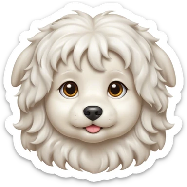 Cinematic Cute Wavy-Haired Maltese dog Portrait Emoji, Head tilted playfully and inquisitively, featuring a luxurious, wavy-haired white coat with a healthy sheen, round, sparkling dark eyes filled with curiosity, Simplified yet irresistibly adorable features, highly detailed, glowing with a warm, friendly glow, high shine, affectionate and lively, stylized with a touch of whimsy, bright and endearing, soft glowing outline, capturing the essence of a mischievous yet loving companion, so playful it feels like it could scamper out of the screen and into your arms! sticker