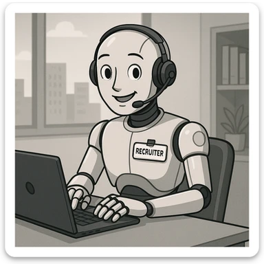 a robot recruiter at a desk, headset on, typing on a laptop, approachable and efficient sticker