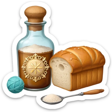 a one victorian bottle of salt and a loaf of bread - crochet needles and a ball of wool sticker