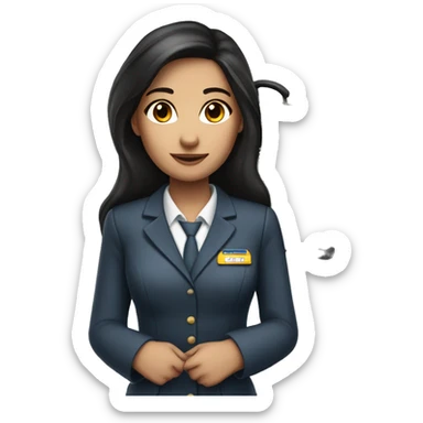 long dark hair brown eyed girl flight attendant holding suitcase no hat sticker