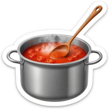 Big cauldron of tomato sauce being cooked in a tall stainless steel pot with a massive wooden spoon   sticker
