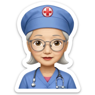OLD ASIAN WOMAN WITH GLASSES, NURSE SCRUBS, CAP sticker