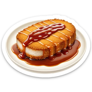 Tonkatsu Cinematic Realistic Tonkatsu Dish Emoji, depicted as a golden, crispy pork cutlet drizzled with tangy BBQ sauce, rendered with detailed textures and dynamic, appetizing lighting. sticker