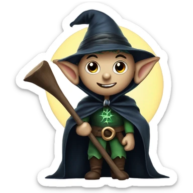Elf dark sorcerer with a crescent moon hat, holding a bat, Halloween theme, emoji sticker