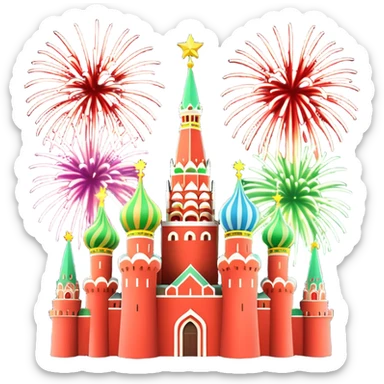 Apple style 3D emoji of New Year fireworks over Moscow. Vibrant multi-colored sparkling bursts (red, gold, green) in the sky. Below, a simplified glossy 3D silhouette of the Kremlin towers with glowing red stars. 
в более пастельных оттенках sticker