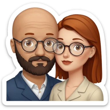 Couple. Bald man with dark brown-black beard. White woman with many small, faded freckles, she has white skin and she has auburn-brown-cinnamon, dark long hair. She has light brown eyes. The man have hazel eyes and glass. She have light eyes. Retro style. She kisses him. sticker