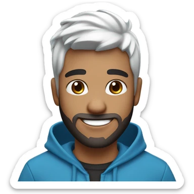 A cheerful young male digital avatar with white skin, large brown eyes, black medium pompadour hairstyle, beard medium , a bright smile, and a mole on the left cheek, wearing a blue hoodie. with laptop  sticker