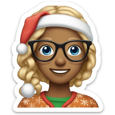 A woman wearing gingerbread Christmas pajamas, pretty, medium blonde hair, blue eyes, glasses, white teeth, freckles sticker