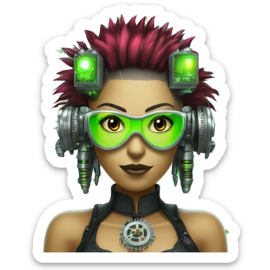 Neon green Mohawk hair Latina female cyborg head with silver steampunk goggles and circuits sticker