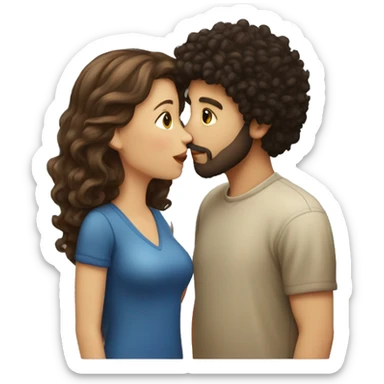 Couple kissing, girl with brown hair, boy with black curly hair and goatee beard sticker