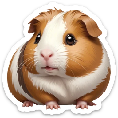 Cinematic Cute Brown and White Banded Guinea Pig Portrait Emoji, Head tilted playfully and inquisitively, showcasing a fluffy coat with playful brown and white banded patterns, round, sparkling dark eyes filled with curiosity, Simplified yet irresistibly adorable features, highly detailed, glowing with a warm, friendly glow, high shine, affectionate and spirited, stylized with a touch of whimsy, bright and endearing, soft glowing outline, capturing the essence of a mischievous yet loving guinea pig, so playful it feels like it could dash out of the screen and into your arms! sticker