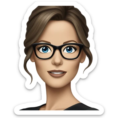 Hyper Realistic photo Kate Beckinsale blue eyes wearing glasses in a business meeting black dress sticker