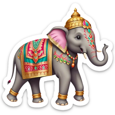 Decorated Indian elephant – Cinematic Realistic Decorated Indian Elephant, depicted as a majestic elephant adorned with vibrant, ornate ceremonial decorations and rich, colorful fabrics, set against a festive Indian backdrop with warm golden lighting that highlights its cultural significance. sticker
