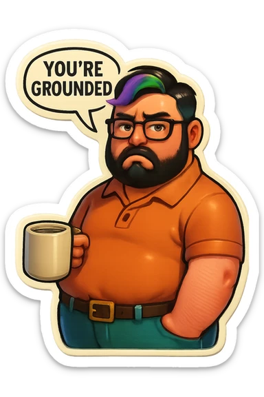 A realism art illustration art style of handsome plus-size man with black hair and a purple to green ombre streak, black beard, blue eye, glasses, dressed like a dad, holding a coffee mug, You’re grounded speech bubble, frowning  sticker