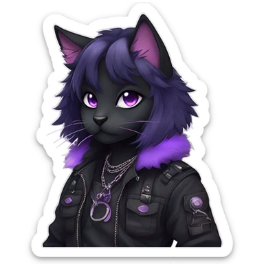 Gorgeous furry gothic dark techwear anime style anthro black cat furry sona Fakemon with blushing face aesthetic and pretty edgy black with violet collar and harness trending style chains cargo pants sticker