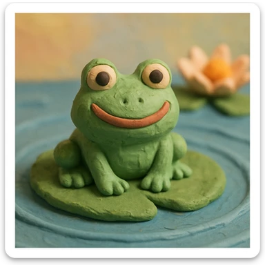 close-up of a smiling frog on a lily pad, gentle ripples in the pond, pastel background, claymation style sticker