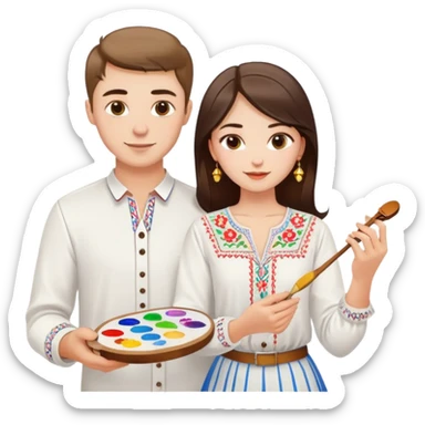 a guy in a white Ukrainian embroidered shirt and a girl in a white Ukrainian embroidered shirt, holding music and a paint palette sticker