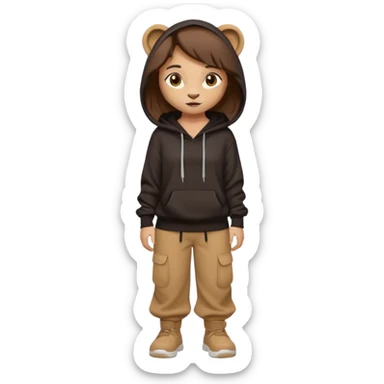 León tierno que sea mujer con pantalones guangos  y una sudadera negra con cabello suelto color castaño obscuro sticker