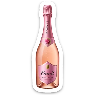 bottle of sparkling rosé champagne with a rose logo on the label, tilted up and to the left, no glass sticker