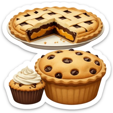 Baking community humanless avatar in vibrant style illustration. Pie, cookie, and muffin warm golden tones, simple shapes, flat design, high contrast. sticker