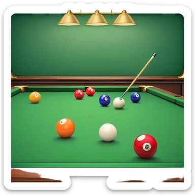 A close-up of a billiard table with a cue stick lined up to strike a colorful set of balls. The focus is on the precision of the shot, with the table’s green surface and the triangular arrangement of balls, creating a dynamic scene of strategy and concentration in the game of billiards. sticker