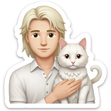 A young handsome Caucasian man in a white shirt holds a long-haired white cat sticker