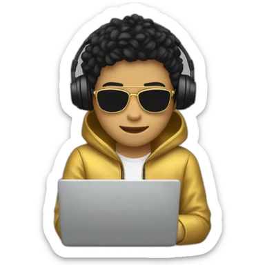 Young person golden skin tone, wearing headphones, working on a laptop, wearing golden color jacket, there is mask on his eyes, black hairs  sticker