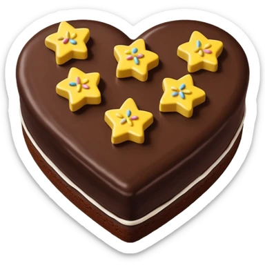 choclate cake heart with white icing on top in the shape of three u's, and yellow, teal, or green star sprinkles sticker