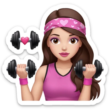 Pink and clothes emoji, inspired with brunette hair, brown eyes, long hair, heart shape lips and pink make up  and pink nails, mauve pink blush and a chocolate brown bandana lifting dumbbells sticker