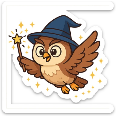 cartoon owl wizard flying with a magic wand, sparkles around sticker