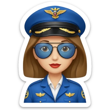 pilote d'avion femme cheveux brun clair avec sunglasses et chapeau de pilote et uniforme bleu sticker