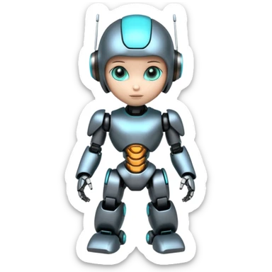 Cute futuristic chibi humanoid robot with large rounded head, add text on chest "LMX". glossy black and grey metal body, glowing cyan and amber eyes, visible joints, confident pose, white background, high-detail 3D render,  sticker