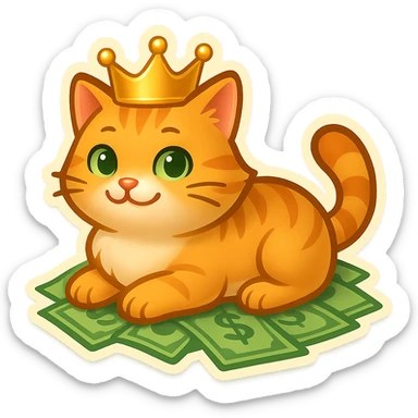 A very cute cat with a crown lying on greenish light green money, in retro stickers emoji style. sticker