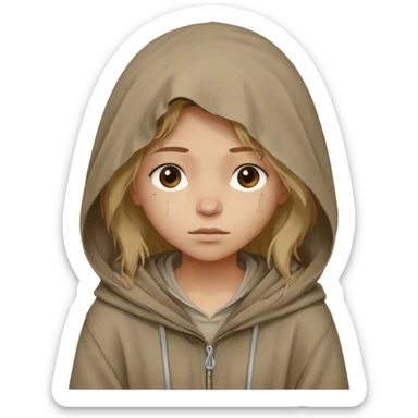 Young beggar little girl character, chest-up portrait, wearing worn and oversized clothes, hair is visible, no hat or such, neutral earth-tone fabric, slightly messy hair peeking from under a hood, tired but gentle eyes, subtle dirt marks on face, sticker
