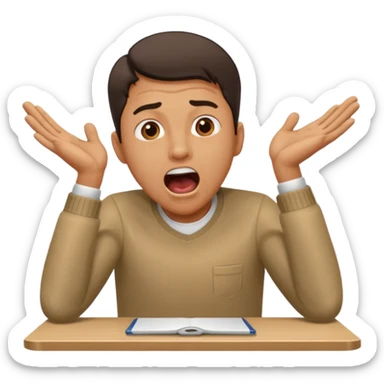 man at table, mouth open shouting, leaning in, hands on table, working sticker