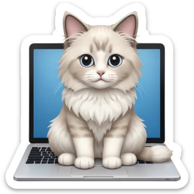 Cute ragdoll cat on a laptop. Should sit on top of the laptop, cat is way bigger than the laptop. Could walk on the laptop or sit sticker