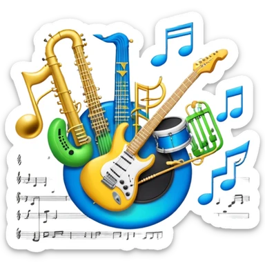 Create an artistic and vibrant emoji that represents music arrangement and orchestration. The design should feature musical notes, a synthesizer, drums, and an electric guitar, symbolizing the fusion of different instruments in an arrangement. Include subtle details like flowing lines to represent harmony between instruments, and integrate sheet music in the background. Use a dynamic mix of colors like electric blue, neon green, and gold to evoke both the classical and modern elements of music. The background should be transparent, with elements that show the blend of creativity and musical structure. sticker