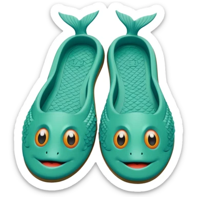 slightly green rubber pool slippers with carp eyes on the top and fish tail in the back sticker
