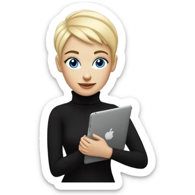 women with blond pixie cut, blue eyes wearing black turtleneck, holding and ipad sticker