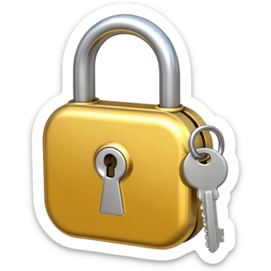 A shiny golden closed padlock with a silver key inserted into the keyhole, centered on a plain background. The lock is smooth and rounded, emoji-like style with clean lines sticker