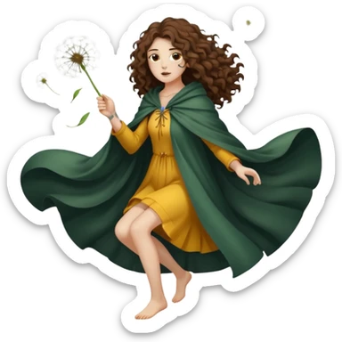 full body woman long curly brown hair brown eyes white skin tattoos dandelion seed cloak blowing apart around her sticker