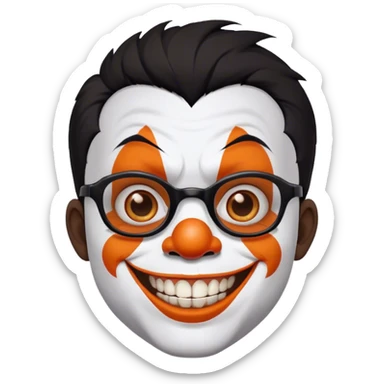 curious boy with black hair and brown eyes. He has a unibrow (one single thick eyebrow, which connects in the middle) and a short beard and is wearing glasses. On his face is white and orange juggalo clown face paint,  and massive grin, showing his broken front teeth sticker