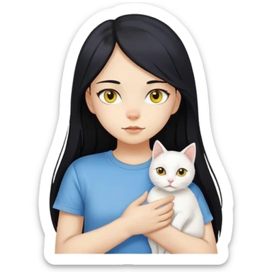 A girl with long black hair, fair-yellow skin, and brown eyes, wearing a white T-shirt, holding a white cat. The cat’s left eye is blue and its right eye is yellow. sticker