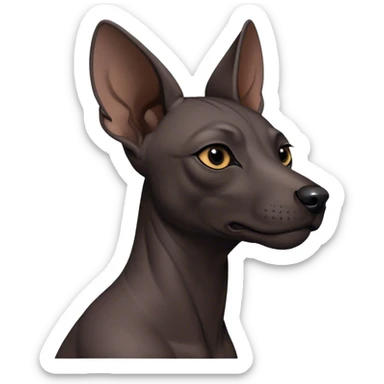 Cinematic Noble Xoloitzcuintle Portrait Emoji, Poised and regal, with a sleek, muscular build and smooth, hairless ebony skin accented by subtle wrinkles, deep-set soulful dark eyes, Simplified yet sharp and sophisticated features, highly detailed, glowing with a soft, dignified glow, high shine, intelligent and loyal, stylized with an air of ancient grace, focused and attentive, soft glowing outline, capturing the essence of a watchful and confident guardian, so majestic it feels as though it could stride out of the screen with effortless authority! sticker
