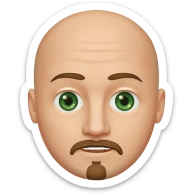 white caucasian bald man's face, with brown  round goatee and dark green eyes, oval face, rounded, big, little eyes a small smile,  sticker