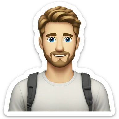 A handsome 25 year old man with fairly short brown hair, blue eyes, a very light goatee beard outdoors sticker