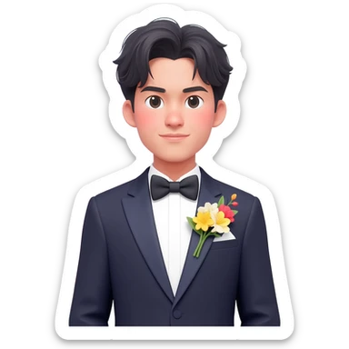 Gorgeous romantic anime style Asian formal modern gentlemanly guy with flowers and blushing face aesthetic trending style outside with colorful gradient colors  pastelcore cottagecore kawaiicore sticker